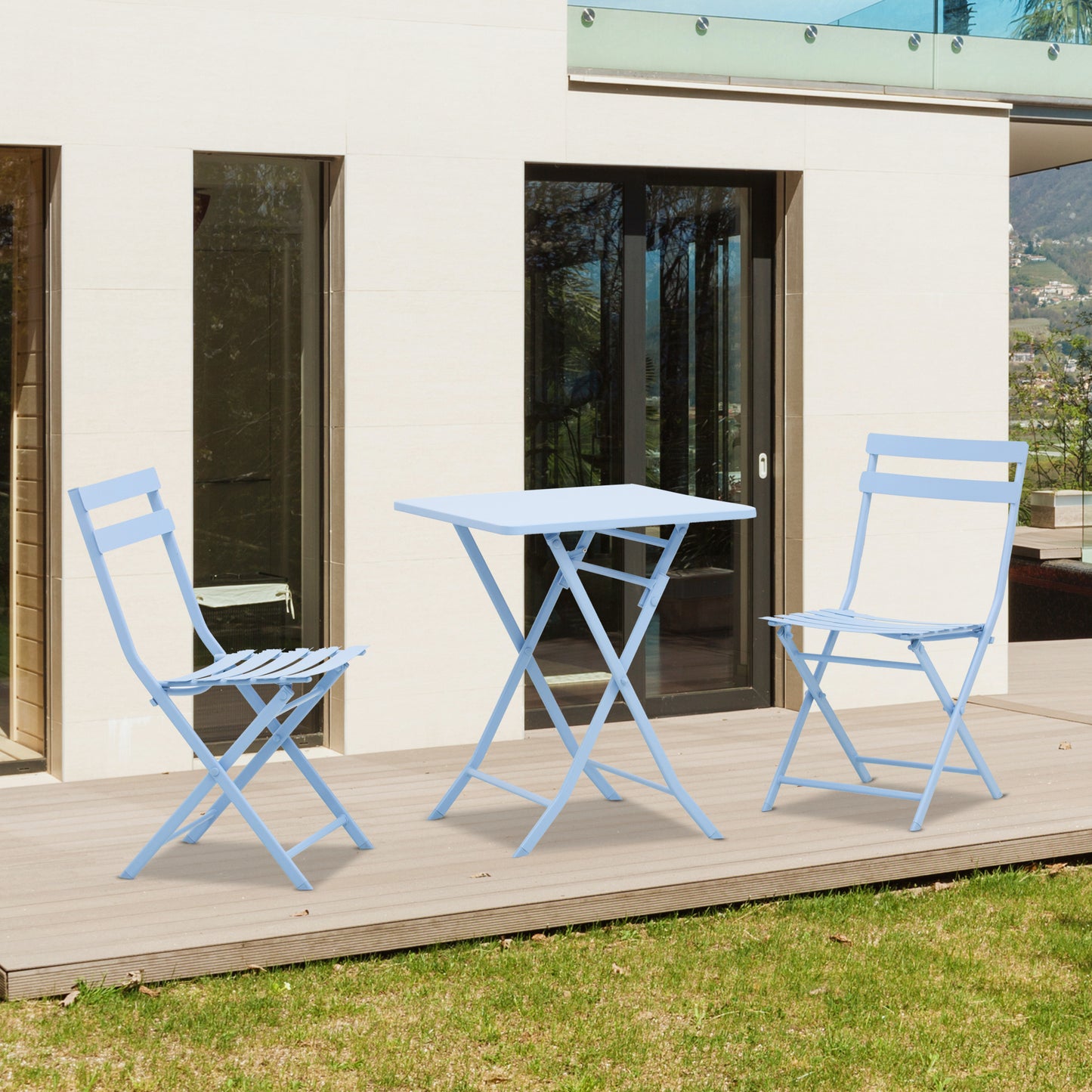 Outsunny 3 Pieces Garden Bistro Coffee Set Foldable Patio Chair & Square Table for Outdoor Yard Porch Poolside Balcony Blue