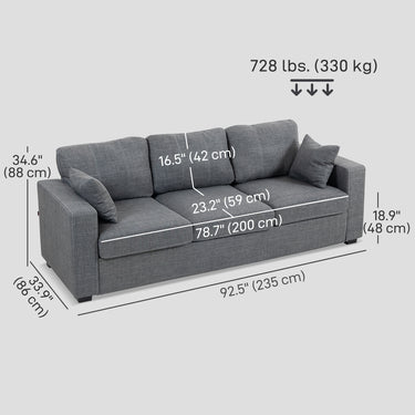 HOMCOM Modern Upholstered Couch, 3 Seater Sofa with Thick Spring Cushions and Deep Seat for Living Room, Dark Grey