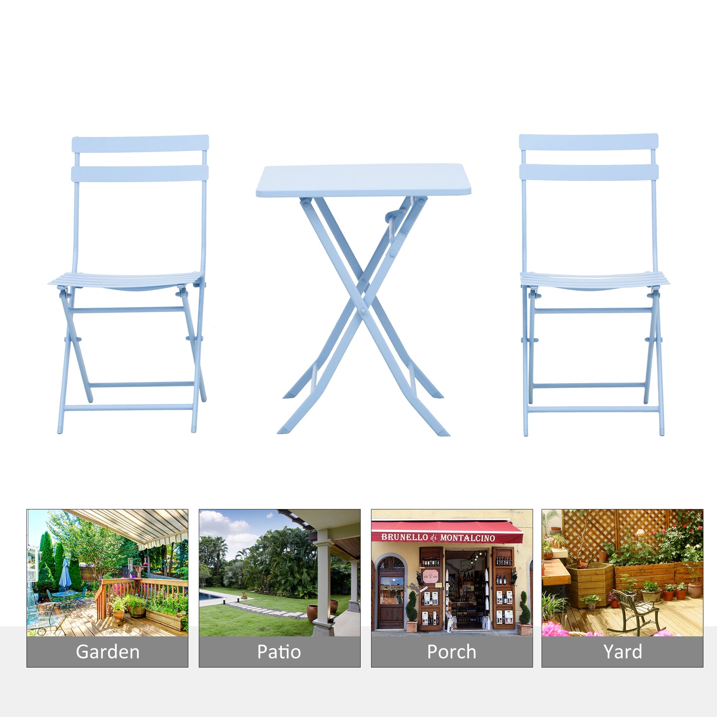 Outsunny 3 Pieces Garden Bistro Coffee Set Foldable Patio Chair & Square Table for Outdoor Yard Porch Poolside Balcony Blue