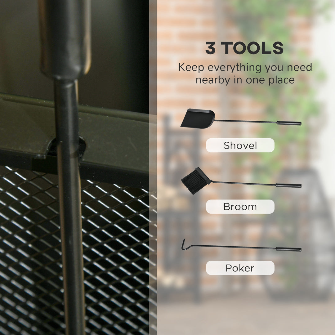 Outsunny 15" Outdoor Firewood Rack with Wheels and Tools, Heavy Duty Wood Storage Stacker, Indoor Outdoor Log Rack, Black