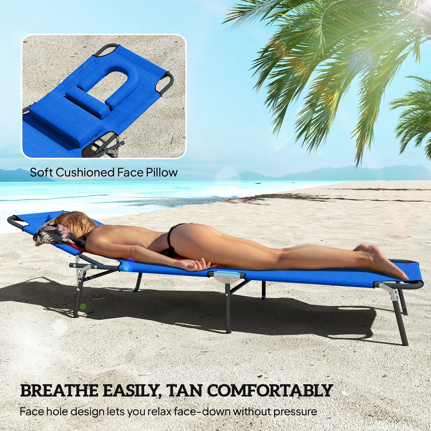 Outsunny Folding Outdoor Lounge Chair, Portable Reclining Beach Lounger with Face Hole, Detachable Pillow, 4-Position Adjustable Backrest, For Patio, Garden, Poolside, Blue