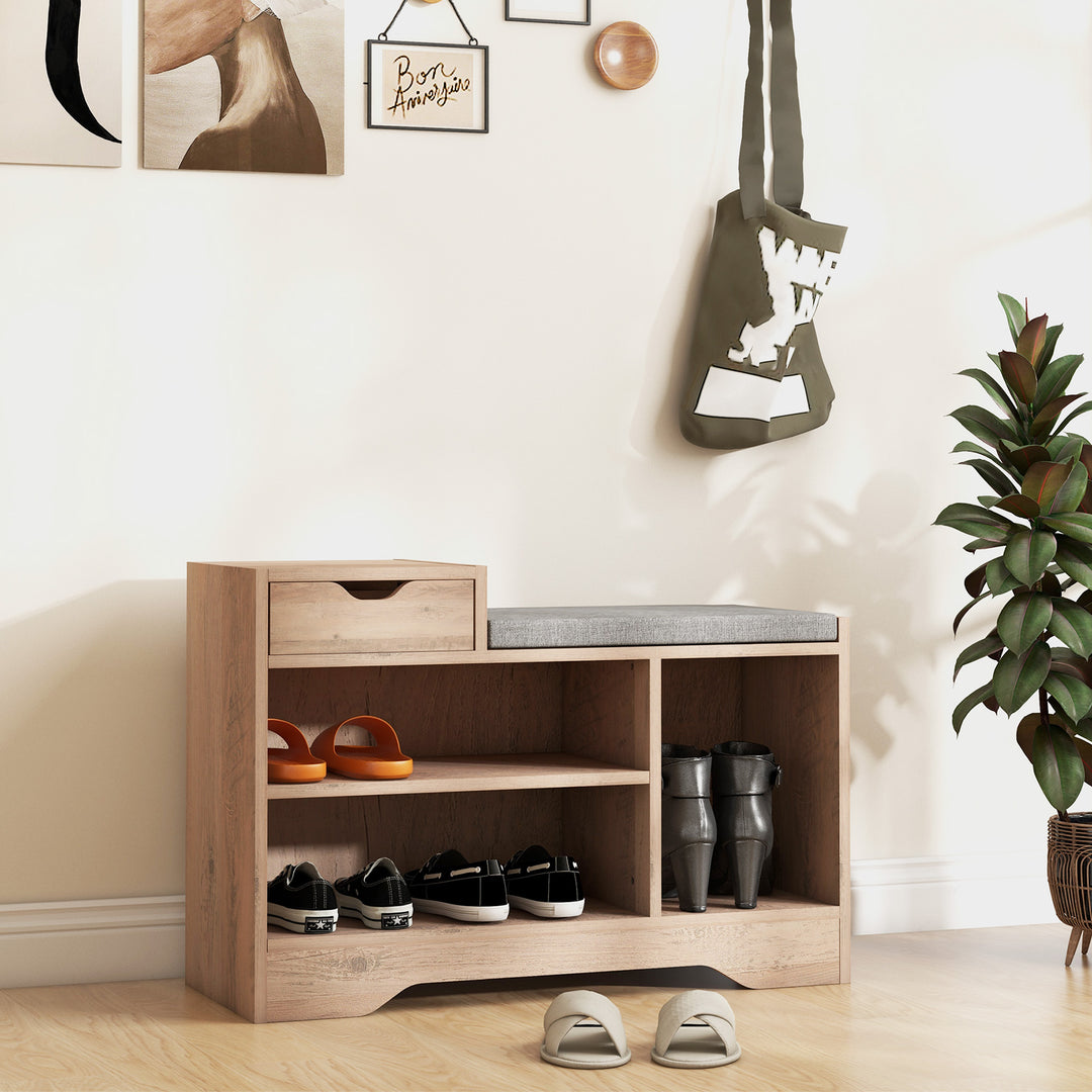 HOMCOM Upholstered Shoe Storage Bench, Hallway Shoe Storage with Seat, Drawer, 3 Open Shelves for Entryway, White