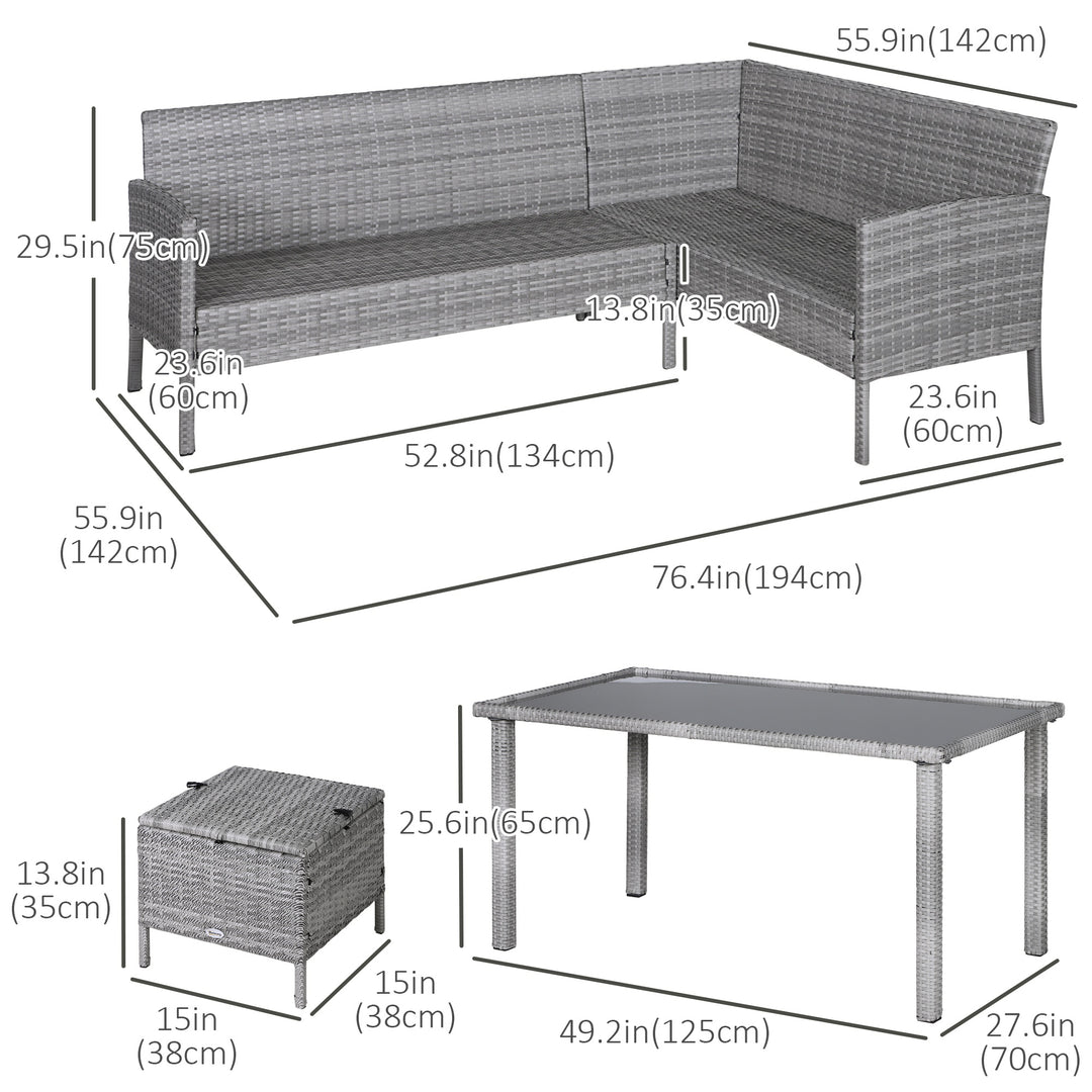 Outsunny 5 Pieces Wicker Patio Conversation Dining Furniture Set with Cushions, Table and Ottomans, Bright Blue