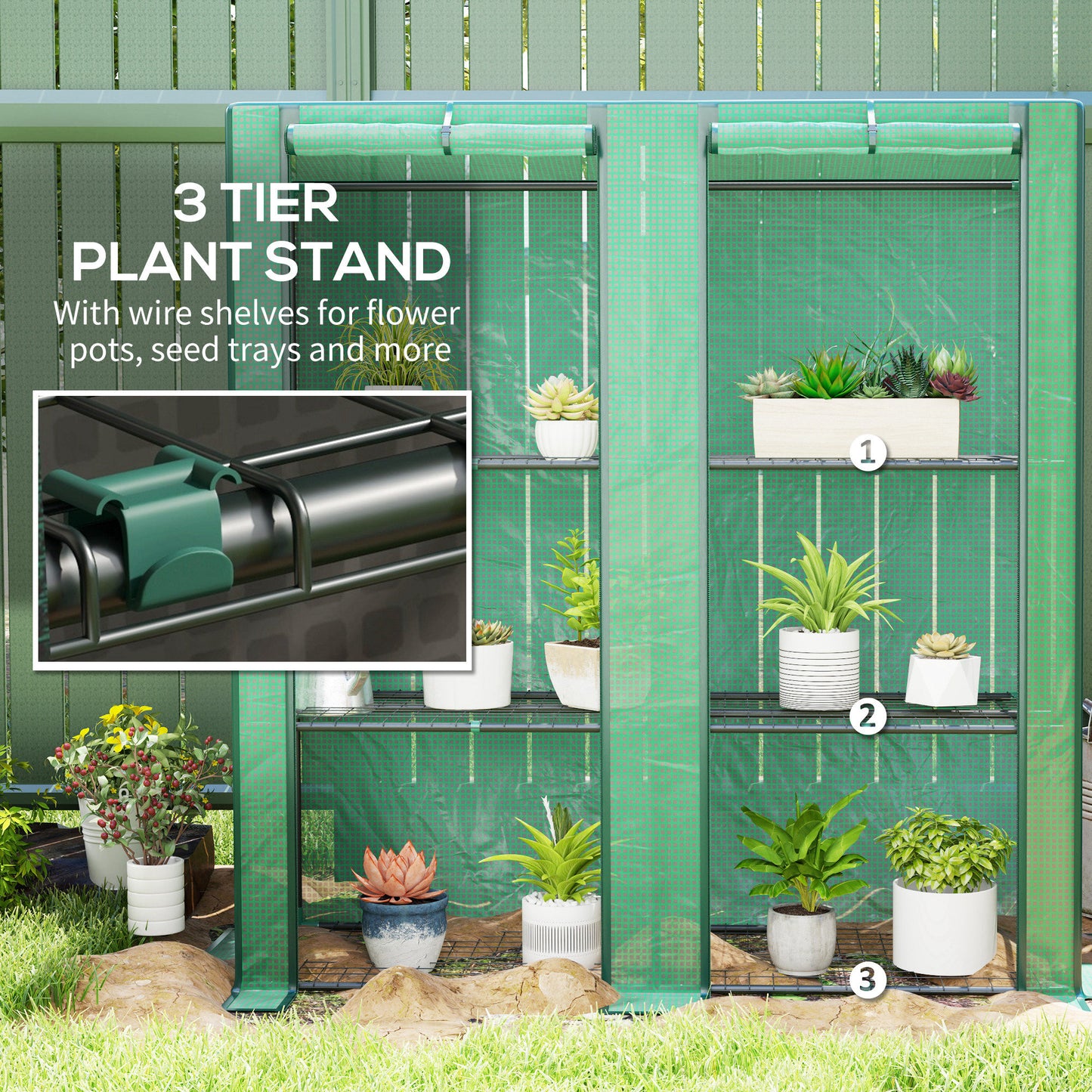 Outsunny Mini Greenhouse with 3 Tier Shelves, 3 Roll-Up Doors for Indoor Outdoor, Green