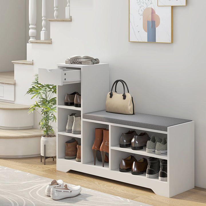 HOMCOM Upholstered Shoe Storage Bench w/ Seat, Entrance Bench w/ Drawer and 6 Open Shelves for Hallway, White