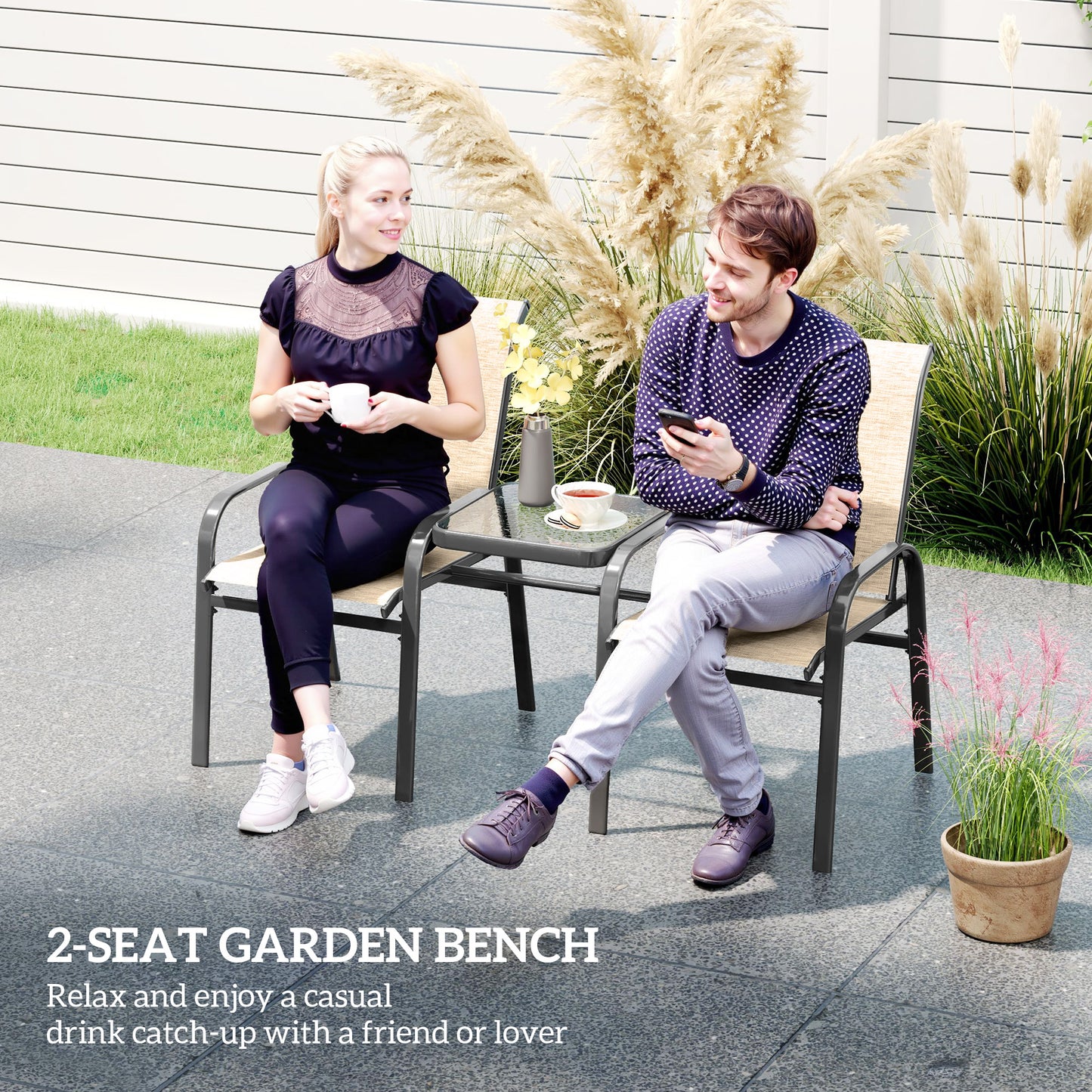 Outsunny Outdoor Loveseat with Glass Table, Garden Patio Bench with Breathable Mesh Seat, High Back, Armrests, Brown