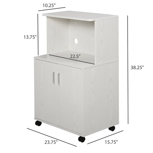 HOMCOM Microwave Cart on Wheels Utility Trolley Storage Sideboard Bookcase with 2-door Cabinet, White Oak