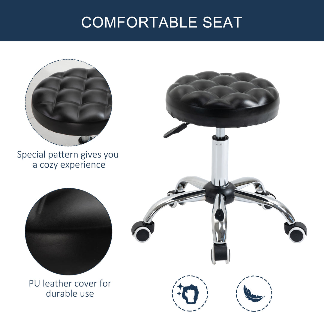 HOMCOM Rolling Swivel Padded Salon Stool with Adjustable Height Wheeled Tattoo Massage Chair Beauty SPA Bar Seat with Thick Padded Black