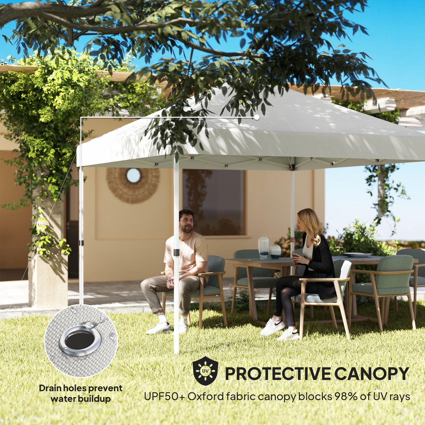 Outsunny 10' x 10' Pop Up Canopy Tent with 2 Half Sidewalls, UV50+ Height Adjustable Instant Sun Shelter, White