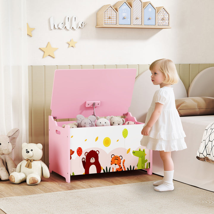 Qaba Kids Storage Chest with Lid, Toy Box Organizer with Safety Hinges for Playroom, Bedroom, Living Room, Pink