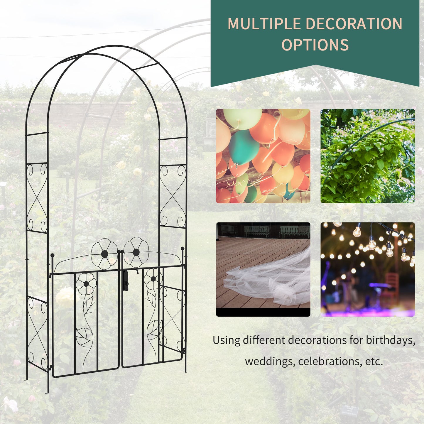 Outsunny 7.5FT Metal Garden Arbour with Double Gate, Arch Trellis for Climbing Vine Plants, Outdoor Wedding, Decoration, Black