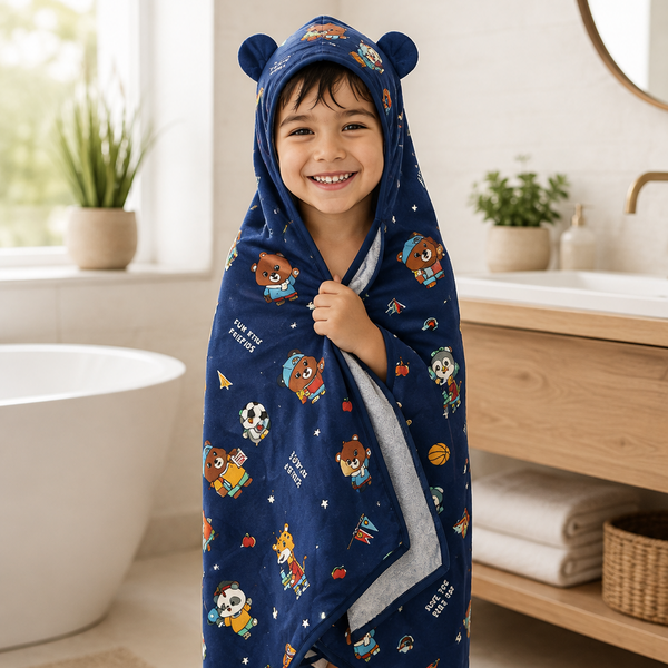 Aarniva Kids Hooded Bath Towel | Soft & Cozy | Animal & Fun Prints | Navy Sports Friends