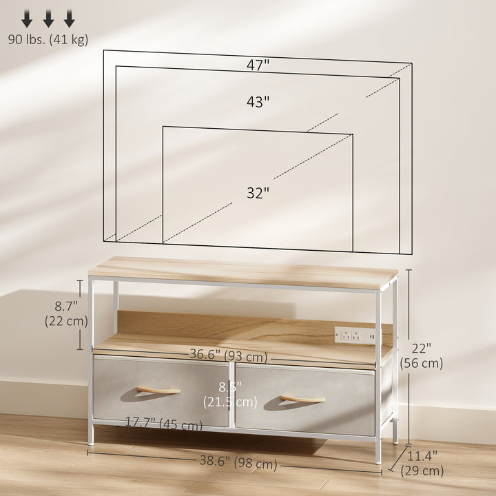 HOMCOM TV Stand with Charging Station, TV Table with 2 Foldable Linen Drawers and Open Shelf for 47 Inch TV, Rustic Brown