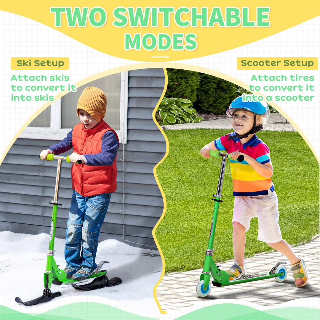 Qaba Snow Scooter, 2 in 1 Design Adjustable Height Scooter Snow Sled for Kids Aged Over 7 Years Old, Kids Sled Ski Scooter with Wheels Blades, Green