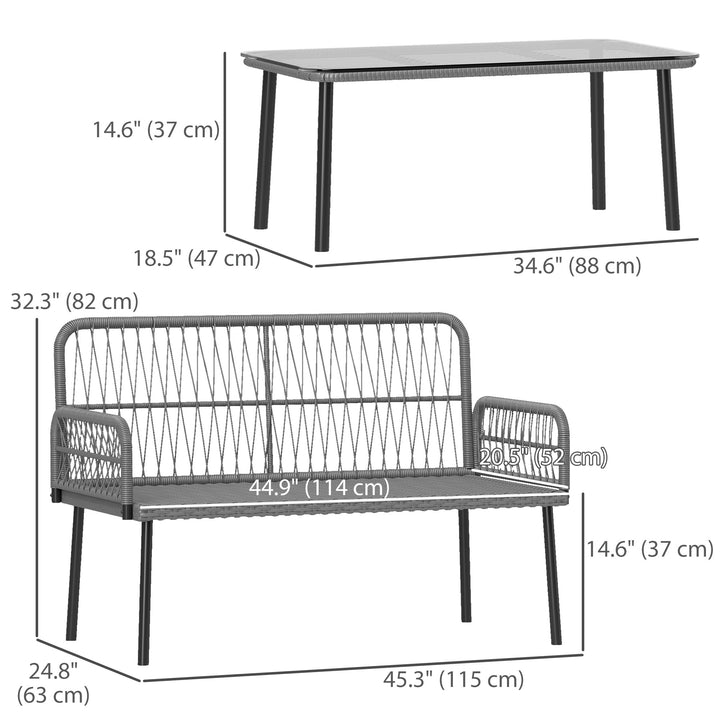 Outsunny 2 Pieces Wicker Patio Furniture Set, Small Patio Seat with Outdoor Loveseat, Glass Top Table and Cushions, Light Grey
