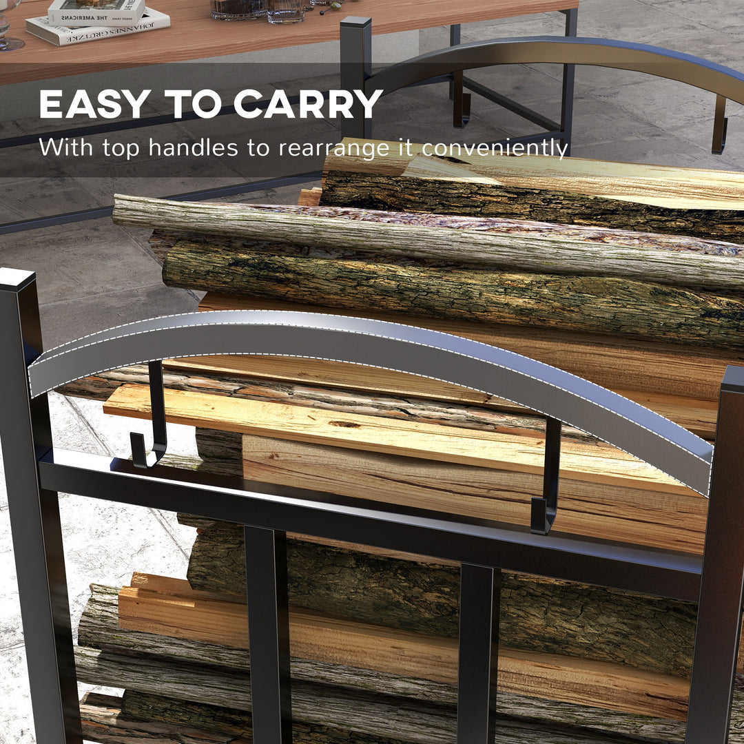 Outsunny 3-Tier Firewood Rack Heavy Duty Wood Storage Log Stacking Shelf with Hanging Hooks, Outdoor Indoor Use, Black