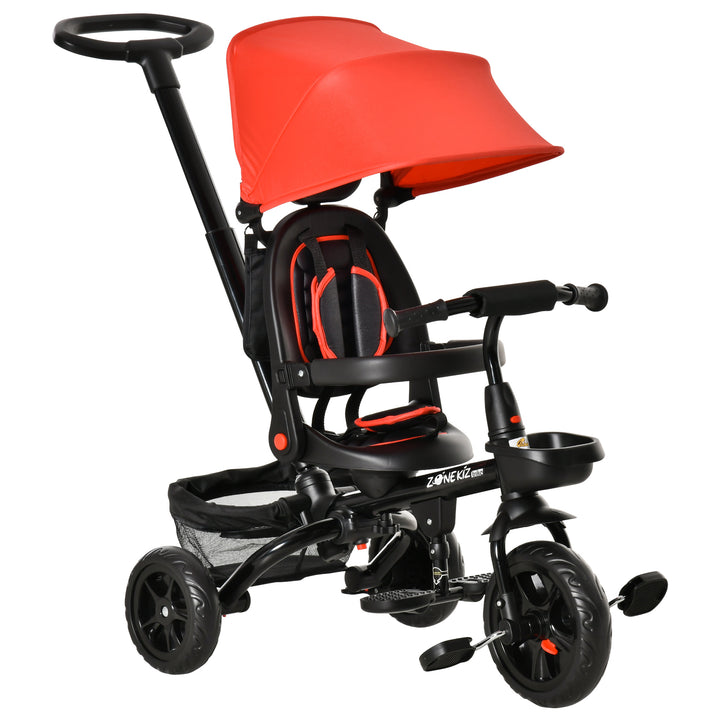 Qaba Tricycle for Toddler 4 in 1 Kids Trike with Reversible Adjustable Seat, Baby Push Bike with Removable Handle, Canopy, Belt Storage Brake Clutch for 1-5 Years, Red