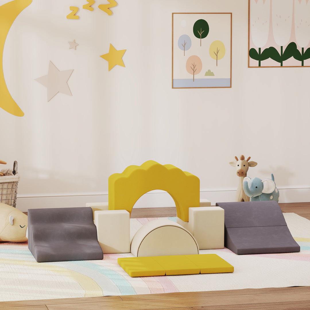 Qaba 7-Piece Baby Soft Play Set, Indoor Soft Play Gym Activity Play Set for Crawling, Sliding and Playing, Navy Blue