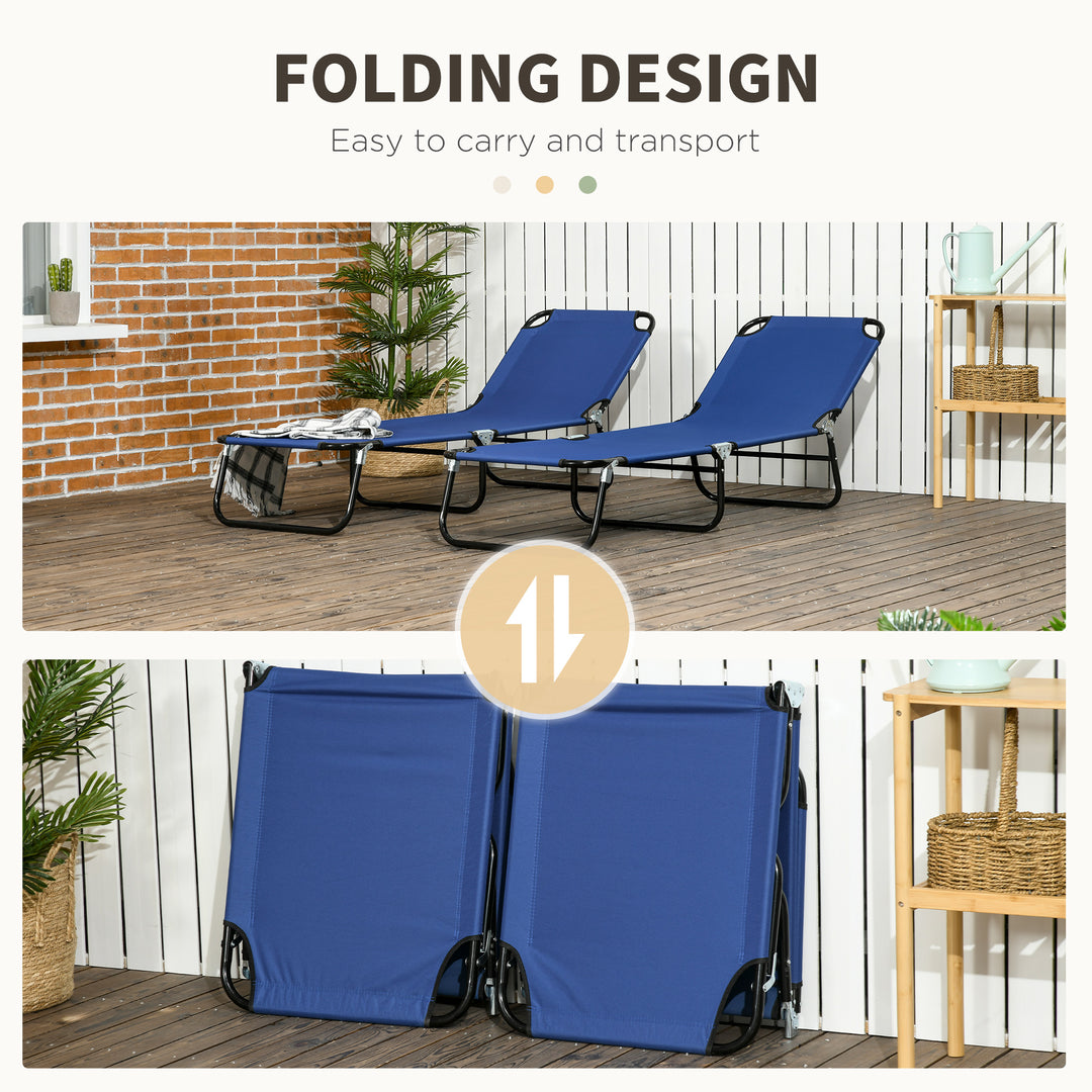 Outsunny Set of 2 Folding Outdoor Lounge Chair, Sun Tanning Chairs with Reclining Back, Breathable Mesh for Beach Patio, Blue
