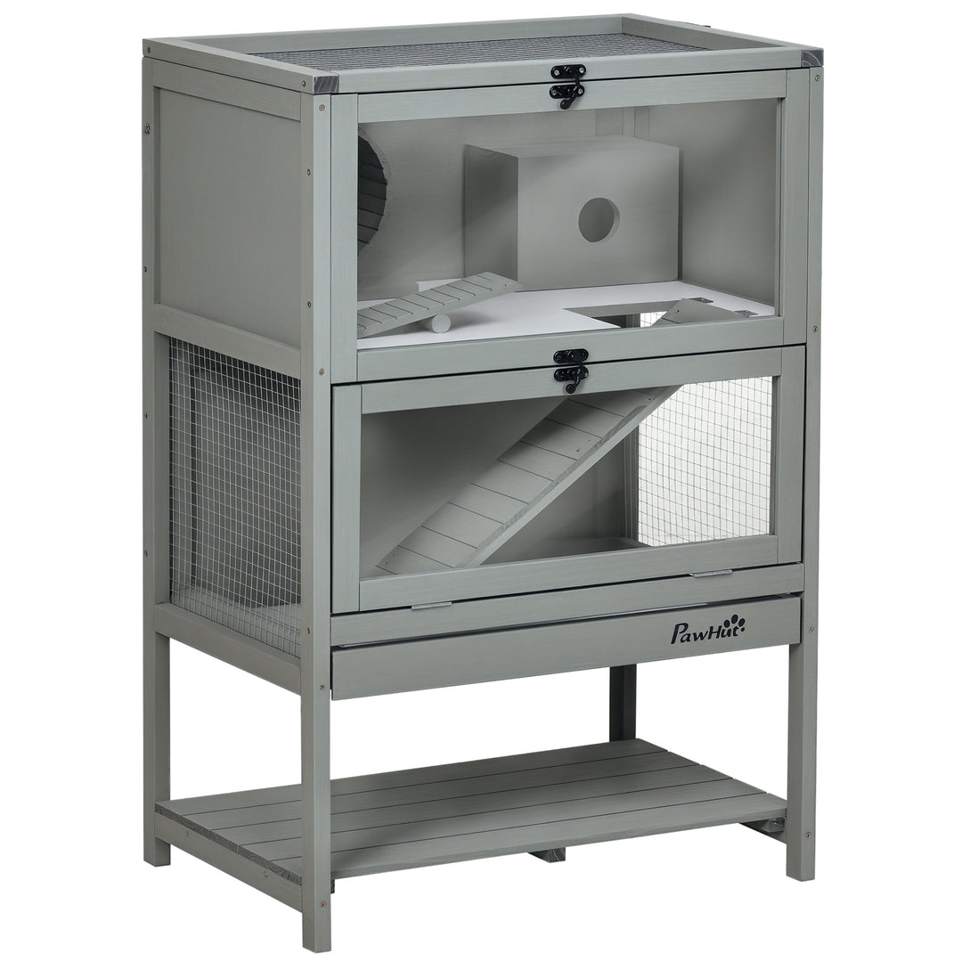 PawHut Wooden Hamster Cage, Mice Rodent Small Animals Kit Hutch with Storage, Sliding Tray Seesaw Running Wheel Lockable Roof