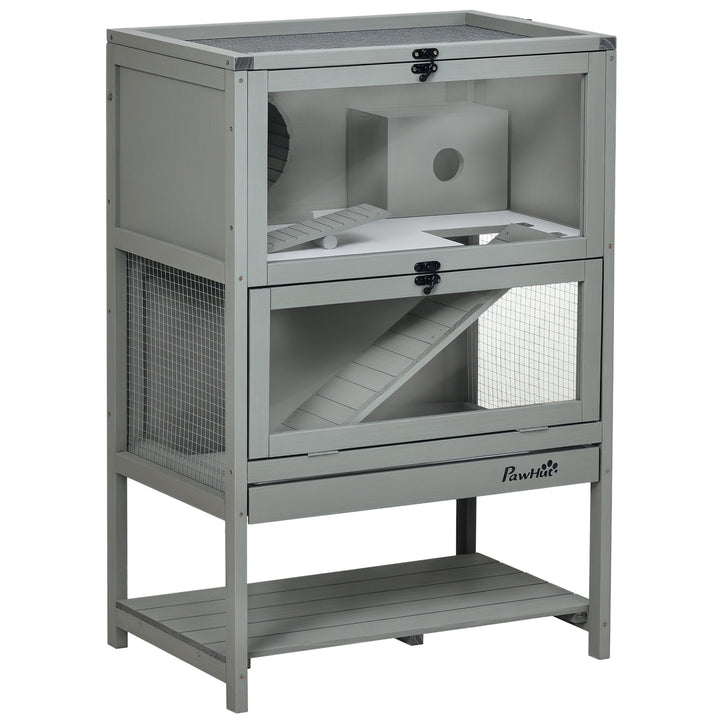 PawHut Wooden Hamster Cage, Mice Rodent Small Animals Kit Hutch with Storage, Sliding Tray Seesaw Running Wheel Lockable Roof