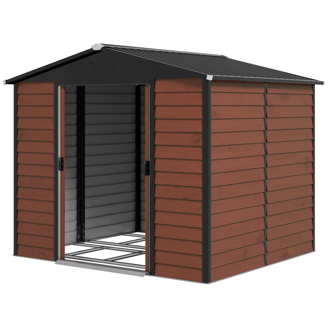 Outsunny 8' x 7' Outdoor Storage Shed, Galvanized Steel Metal Garden Shed with Lockable Doors, Floor Frame, Vents, Lock and Gloves for Backyard, Lawn, Patio, Teak
