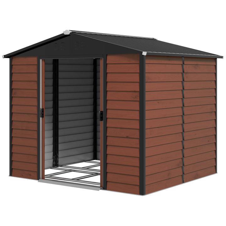 Outsunny 8' x 7' Outdoor Storage Shed, Galvanized Steel Metal Garden Shed with Lockable Doors, Floor Frame, Vents, Lock and Gloves for Backyard, Lawn, Patio, Teak