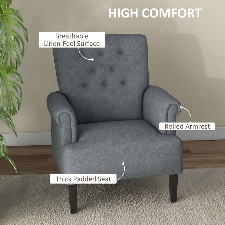 HOMCOM Armchair, Fabric Accent Chair, Modern Living Room Chair with Wood Legs and Rolled Arms for Bedroom, Grey