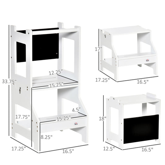 Qaba 2-in-1 Kids Kitchen Helper Step Stool, Detachable Toddler Table and Chair Set, Children Standing Tower for Kitchen Counter with Safety Rail Chalkboard, White