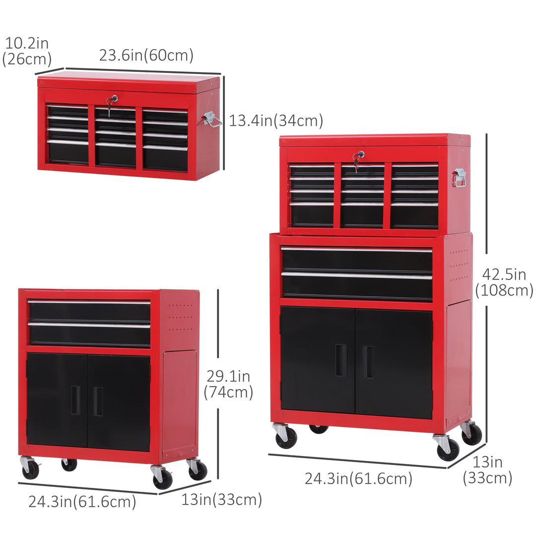 HOMCOM 6-Drawer Rolling Tool Chest, 2 in 1 Lockable Storage Cabinet with Hooks, Metal Tool Box for Garage, Workshop, Red