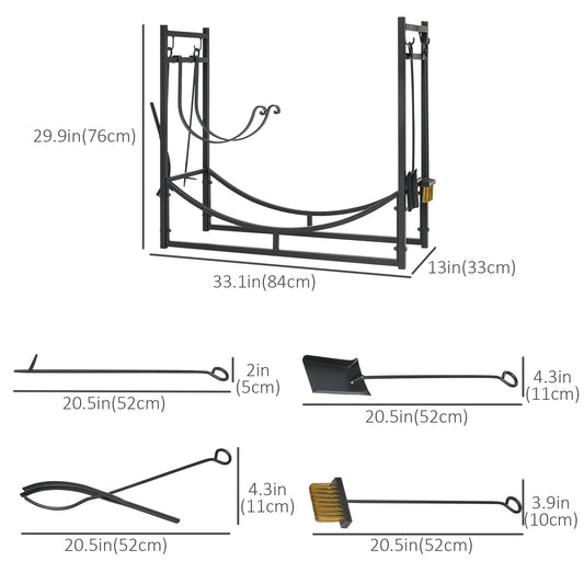 Outsunny 2-Tier Firewood Log Rack with 4 Tools 33" Fireplace Wood Holder Storage Log Rack with Shovel, Broom, Poker, Tongs and Hooks