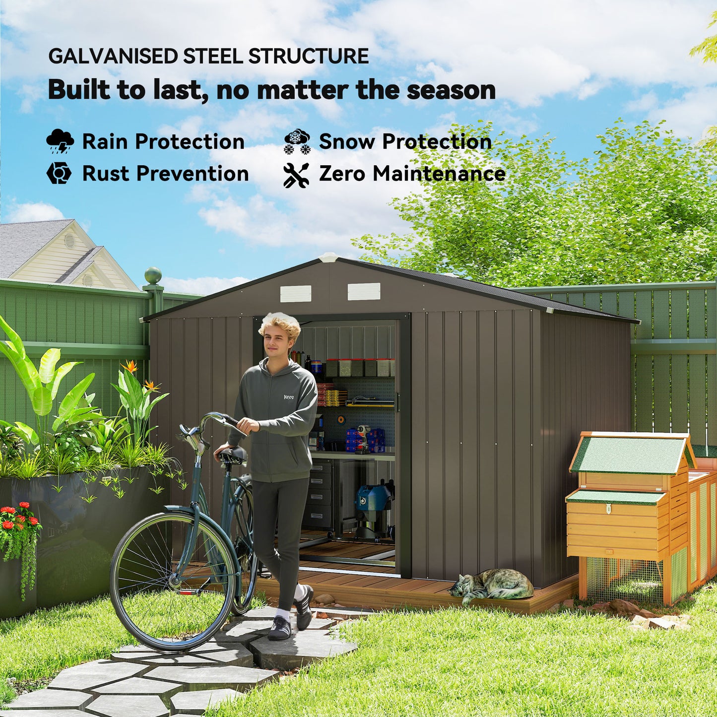 Outsunny 11' x 13'Garden Storage Shed w/ Foundation Kit Metal Tool Storage House w/ Double Doors Yellow