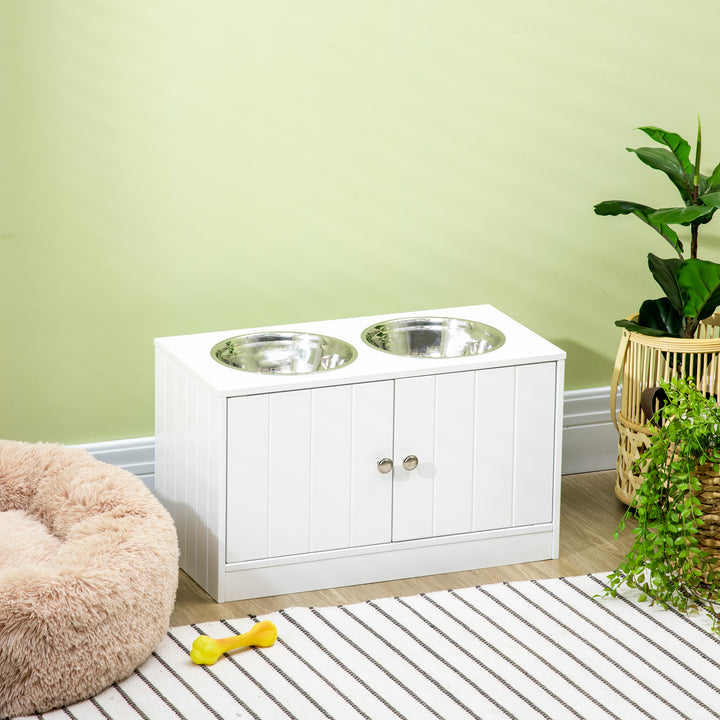 PawHut Elevated Dog Bowls for Large Dogs Pet Feeding Station with Stand, Storage, 2 Stainless Steel Food and Water Bowls, White, 23.6" x 11.8" x 14"