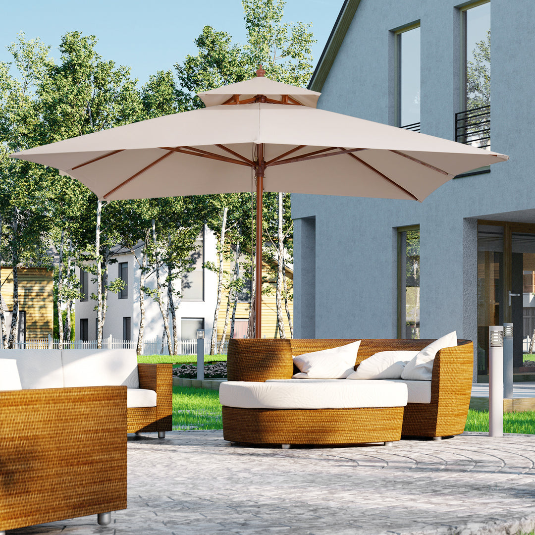 Outsunny 10x10ft Wood Square Patio Umbrella Garden Market Parasol Sunshade Canopy with 2 Pulley Pagoda Style, Khaki