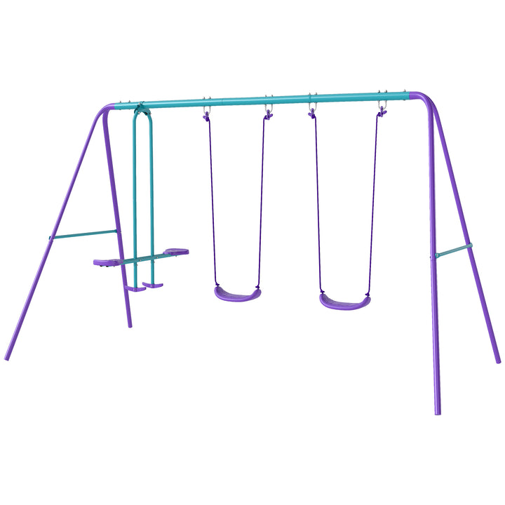 Outsunny 3 in 1 Metal Swing Set with Double Swings, Glider for Backyard, Outdoor, Playground, Purple