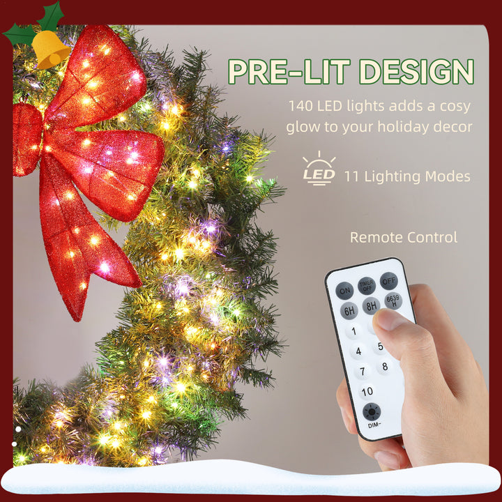 HOMCOM 36in Pre-Lit Christmas Wreath with 3D Red Bow, 11 Lighting Modes, Front Door Christmas Wreath with Remote