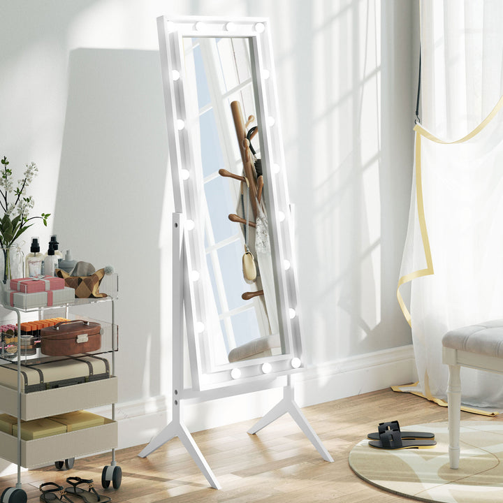HOMCOM Free Standing Mirror with Lights and Adjustable Angles 60" x 18" Floor Mirror with Frame for Bedroom Living Room, White