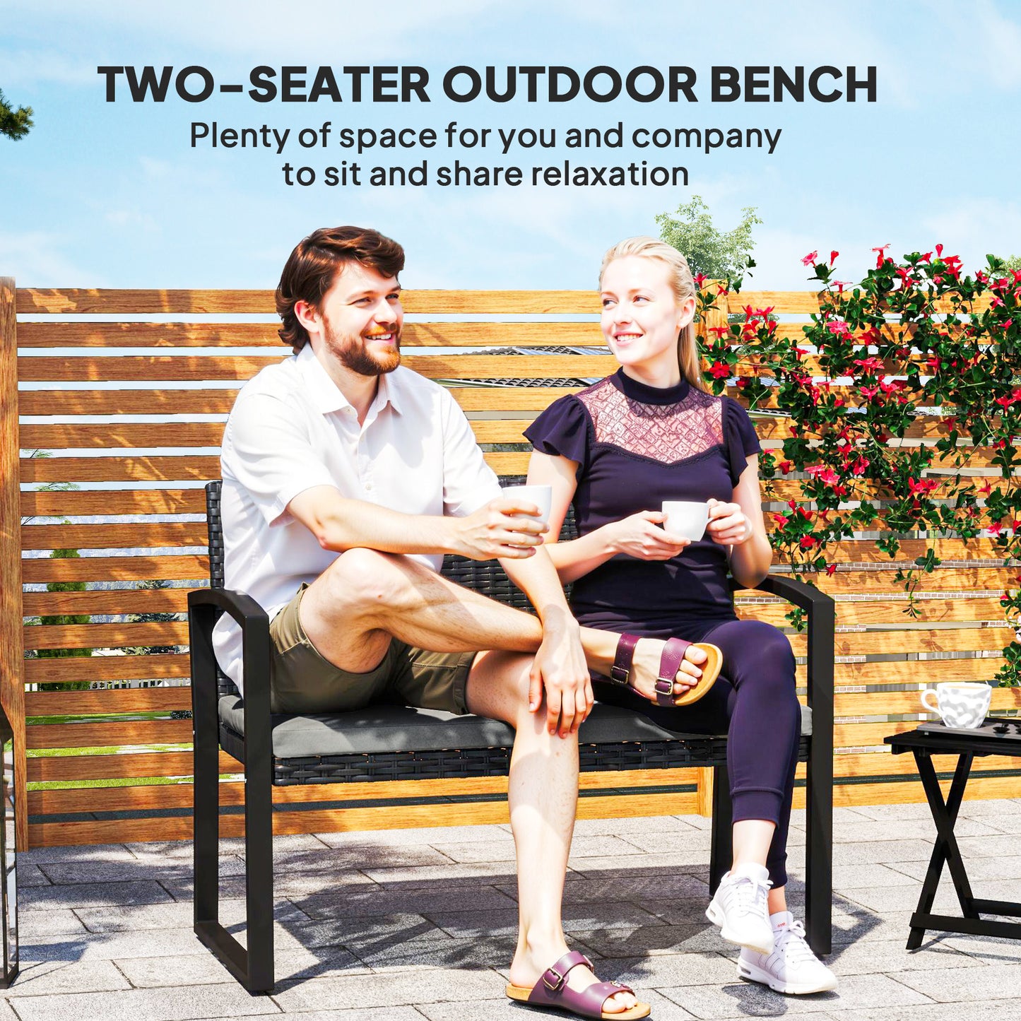 Outsunny 2 Seater Outdoor Bench, Rattan Garden Bench Loveseat with Cushion, Armrests, Steel Frame for Patio, Porch, Light Grey