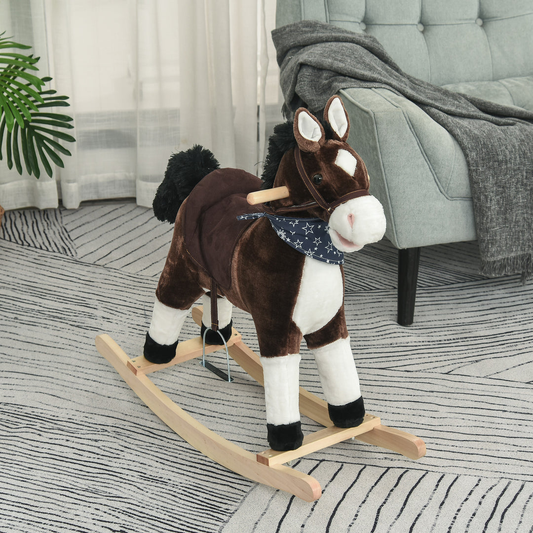 Qaba Kids Plush Ride-On Rocking Horse Toy Cowboy Rocker with Fun Realistic Sounds for Child 3-6 Years Old, Brown
