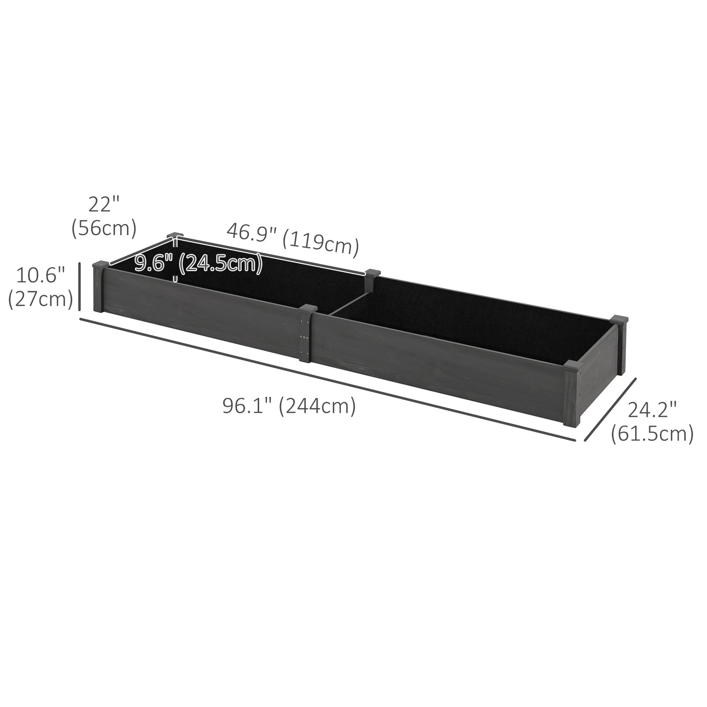 Outsunny 96" x 24" x 10" Wooden Raised Garden Bed with 2 Planter Box and Non-woven Fabric Liner for Backyard, Patio to Grow Vegetables, Herbs, and Flowers, Natural