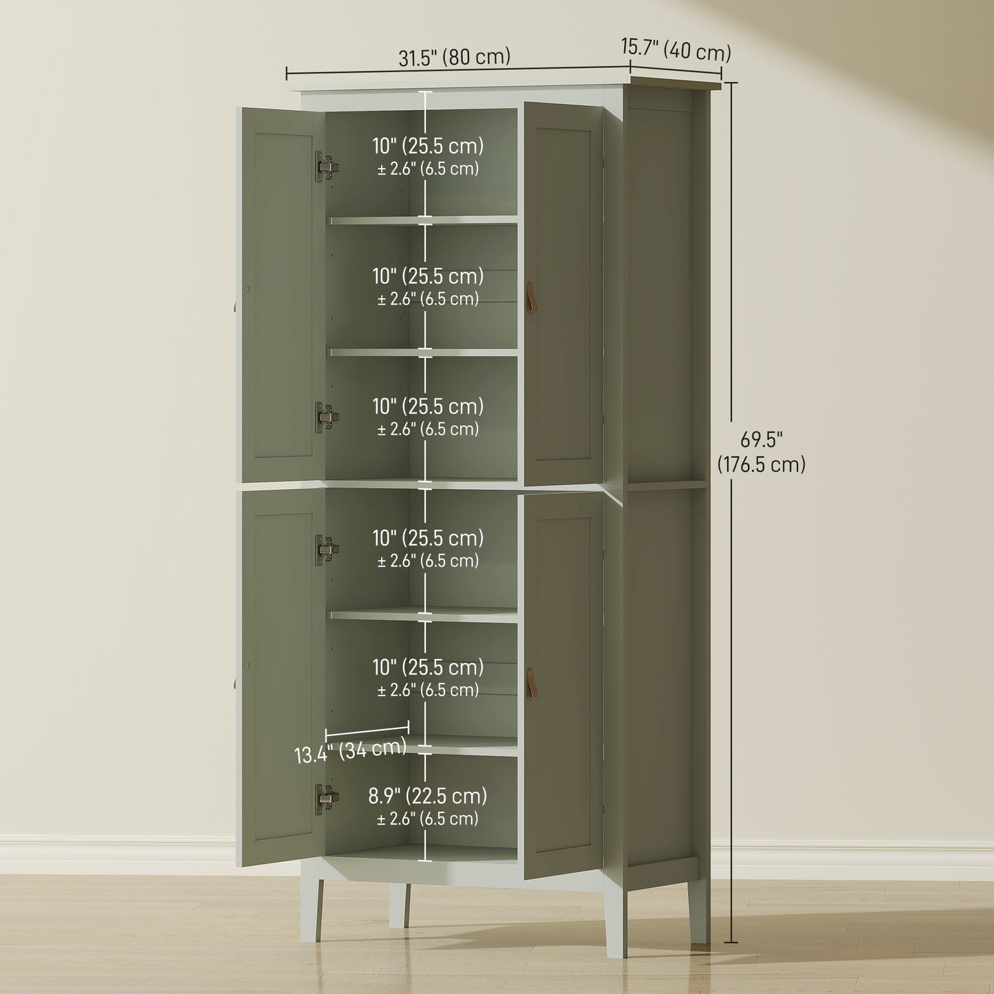 HOMCOM 69.5" Tall Kitchen Pantry Storage Cabinet with Motion Sensor LED Light, Modern Kitchen Pantry Cabinet, Green