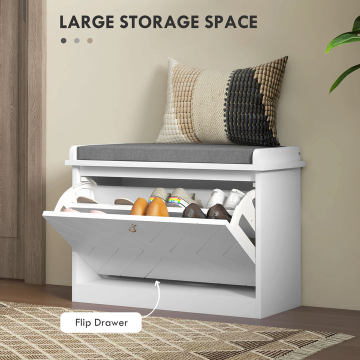 HOMCOM Shoe Storage with Seat, Upholstered Hallway Bench, Shoe Bench with Flip Drawer, Adjustable Shelf for 6 Pairs of Shoes