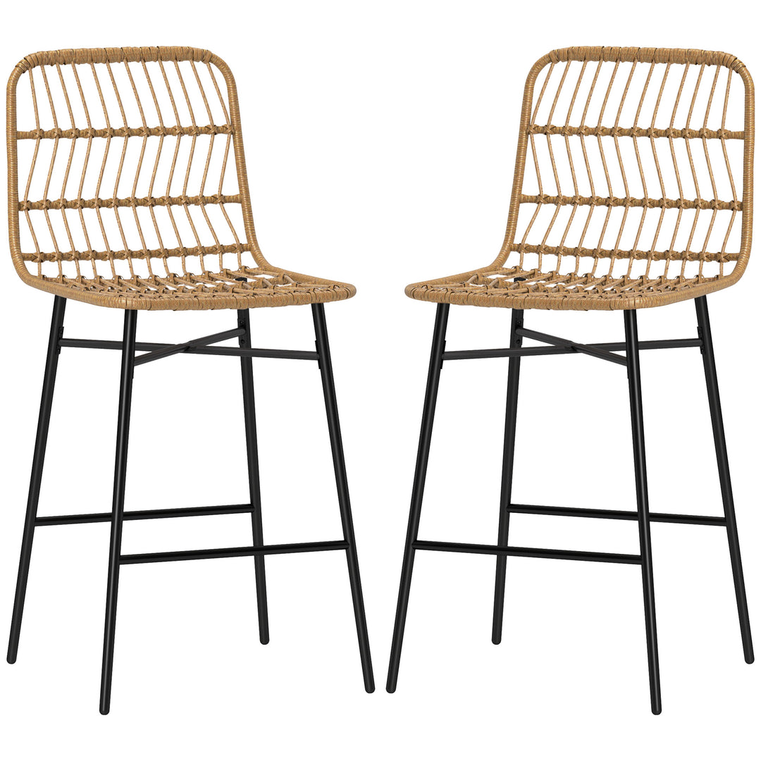 HOMCOM Rattan Counter Height Bar Stools Set of 2, 26" Counter Stools with Back, Modern Bar Chairs for Kitchen Island, Brown