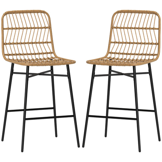 HOMCOM Rattan Counter Height Bar Stools Set of 2, 26" Counter Stools with Back, Modern Bar Chairs for Kitchen Island, Brown