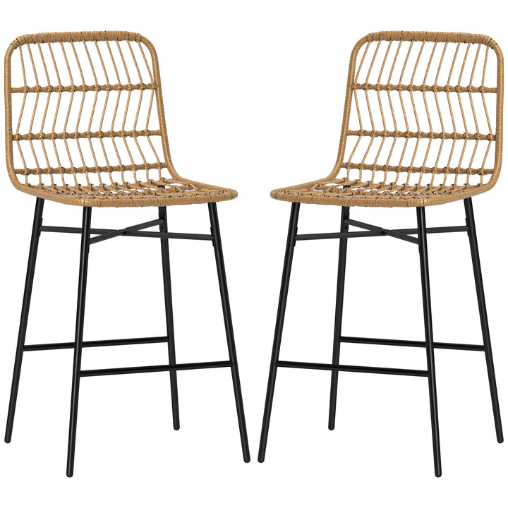 HOMCOM Rattan Counter Height Bar Stools Set of 2, 26" Counter Stools with Back, Modern Bar Chairs for Kitchen Island, Brown