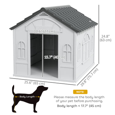 PawHut 26" Plastic Dog House Outdoor with Air Vents, for Small Medium Dogs, Grey