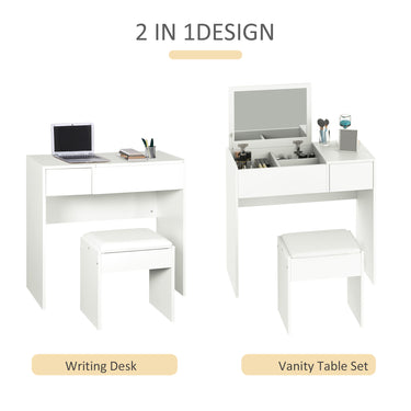 HOMCOM Modern Vanity Set with Flip Top Mirror and Cushioned Stool, Dressing Table with Storage Drawer for Bedroom, White