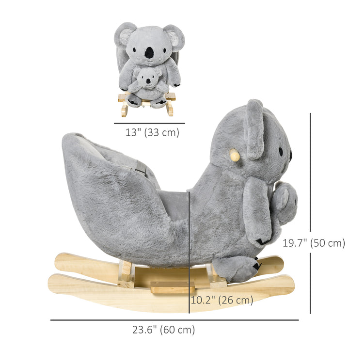 Qaba Kids Plush Ride-On Rocking Horse Koala-shaped Plush Toy Rocker with Gloved Doll Realistic Sounds for Child 18-36 Months Grey