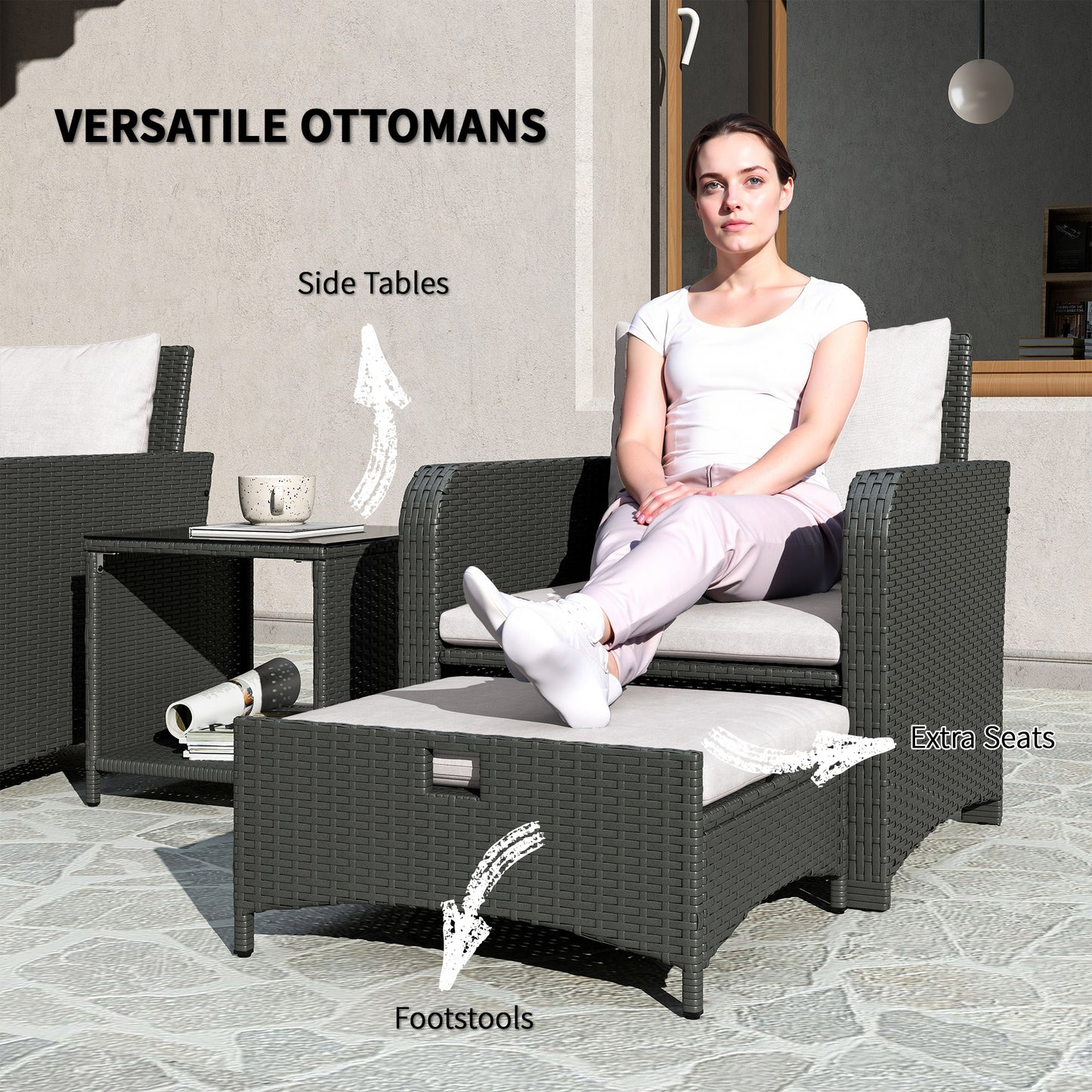 Outsunny 5 Piece Rattan Balcony Furniture Set, Wicker Outdoor Furniture Set with 2-Tier Coffee Table, Ottomans, Grey, Cream White