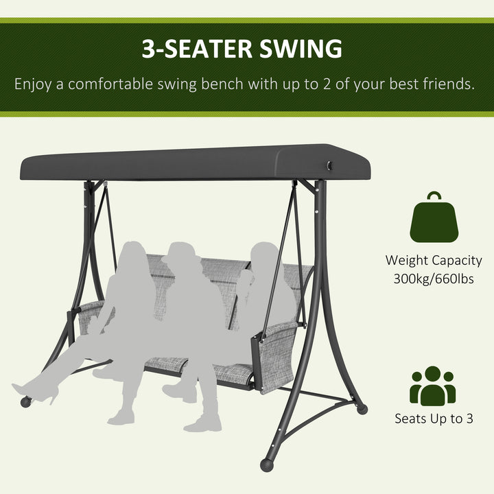 Outsunny 3 Person Porch Swing Outdoor Swing Chair with High Back Design, Side Pouches and Adjustable Canopy, Dark Grey